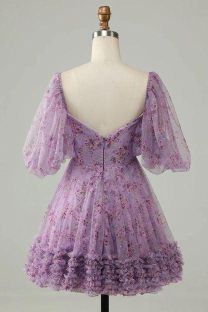 Purple A Line Tulle Bow Print Short Homecoming Dress