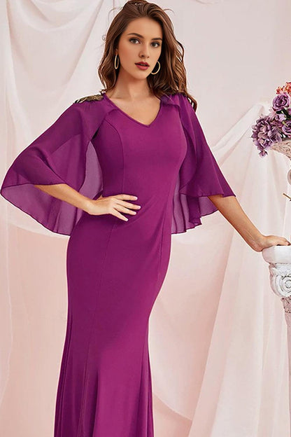 Mermaid V Neck Chiffon Floor Length Dress with Wrap Sleeves