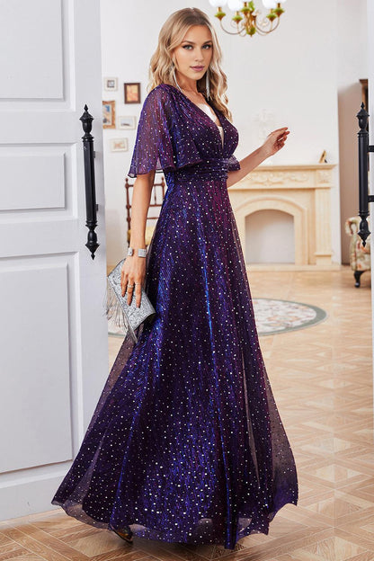 A Line V-Neck Purple Mother of the Bride Dress with Short Sleeves