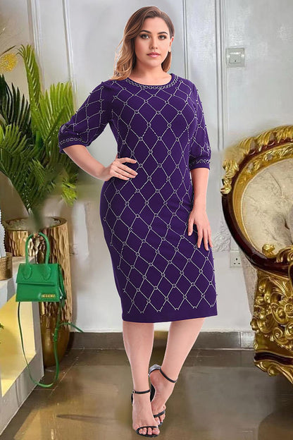 Sheath Round Neck Half Sleeves Plus Size Midi Dress with Beading