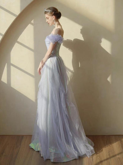 A-Line Off Shoulder Tulle Sequin Purple Long Prom Dress Purple Long Formal Dress