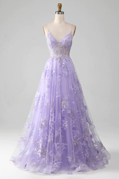 A Line Spaghetti Straps Long Tulle Prom Dress With Appliques