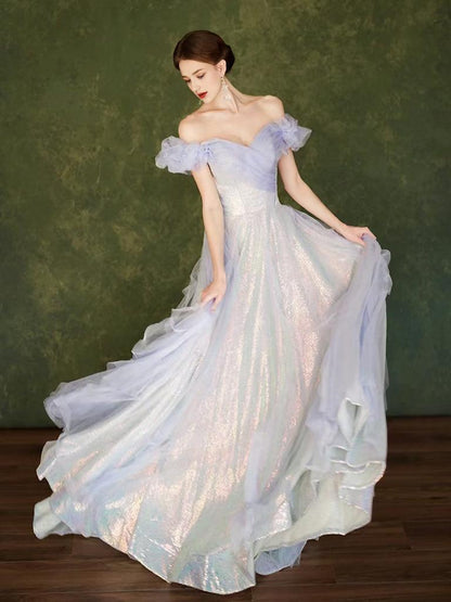 A-Line Off Shoulder Tulle Sequin Purple Long Prom Dress Purple Long Formal Dress
