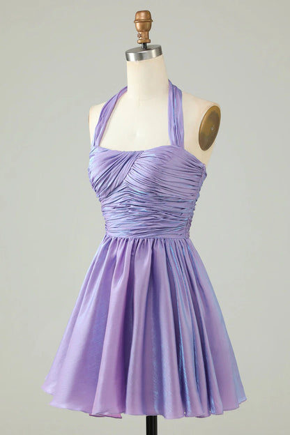 Purple Halter Open Back Sleeveless Short Homecoming Dress