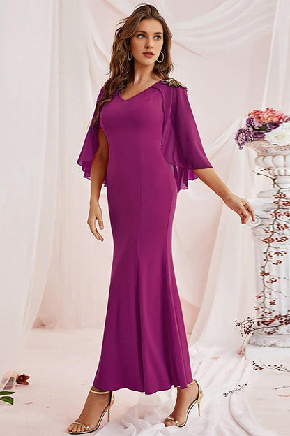 Mermaid V Neck Chiffon Floor Length Dress with Wrap Sleeves