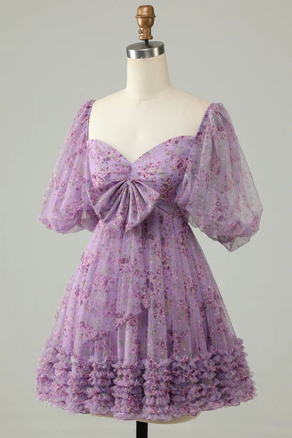 Purple A Line Tulle Bow Print Short Homecoming Dress