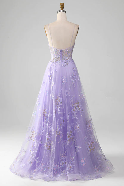 A Line Spaghetti Straps Long Tulle Prom Dress With Appliques