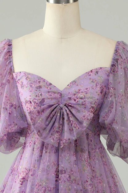 Purple A Line Tulle Bow Print Short Homecoming Dress