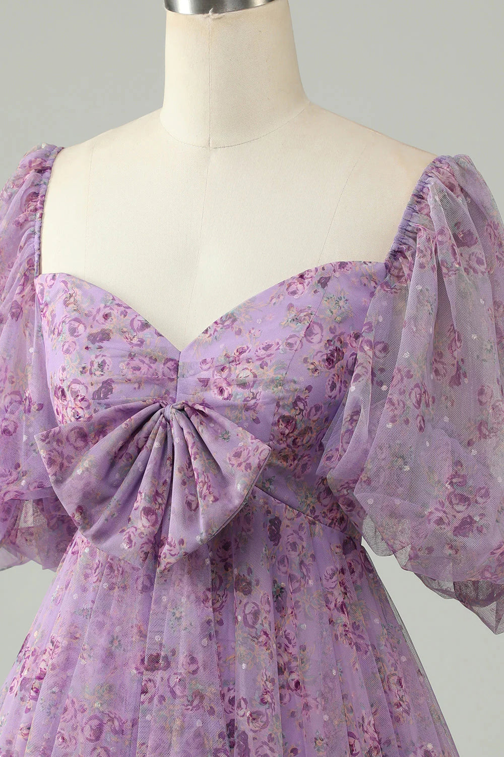 Purple A Line Tulle Bow Print Short Homecoming Dress