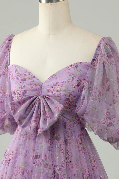 Purple A Line Tulle Bow Print Short Homecoming Dress