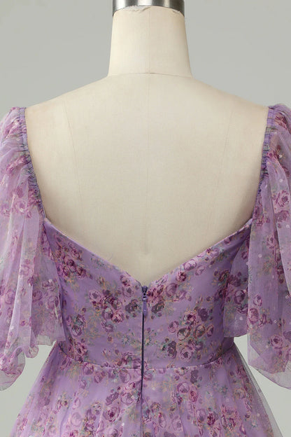 Purple A Line Tulle Bow Print Short Homecoming Dress