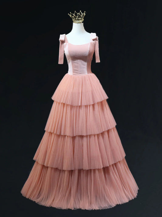 A Line Pink Tulle Long Prom Dresses Pink Formal Prom Dresses