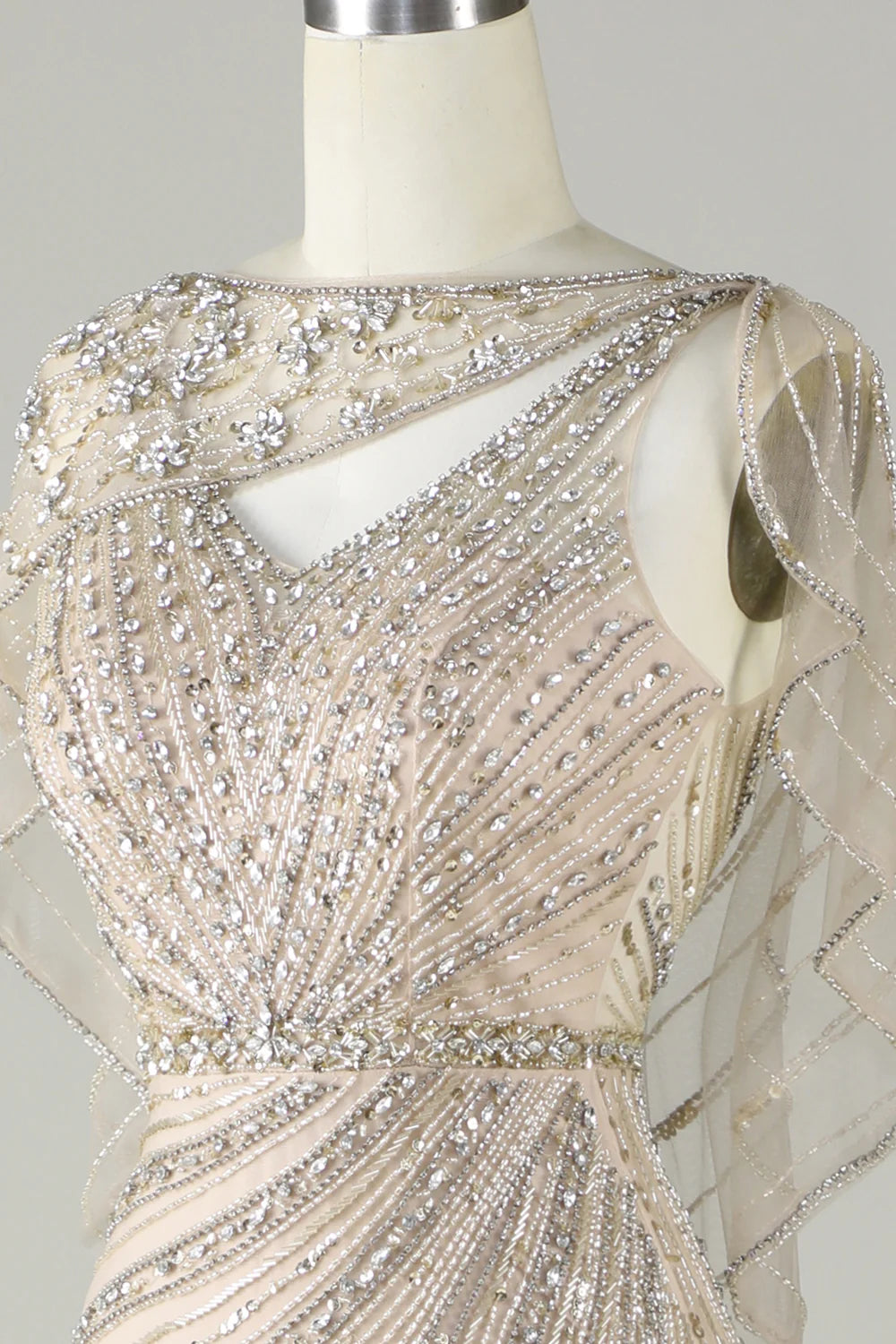 Sparkling champagne bead mermaid long wrap around ball dress