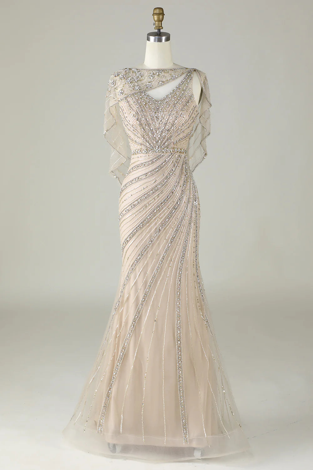Sparkling champagne bead mermaid long wrap around ball dress