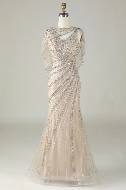 Sparkling champagne bead mermaid long wrap around ball dress