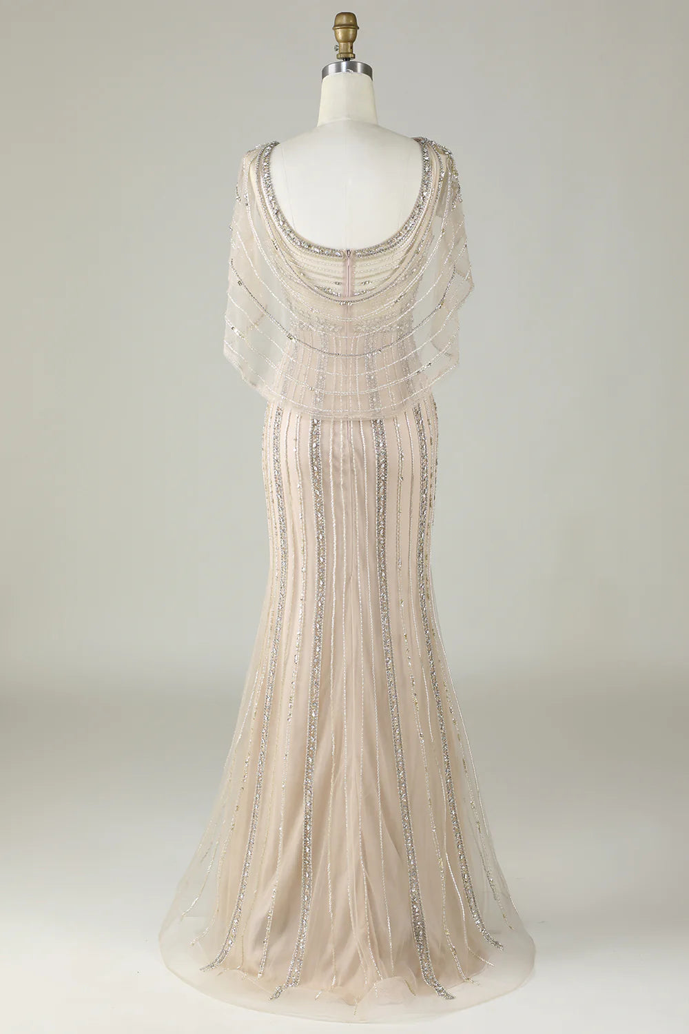 Sparkling champagne bead mermaid long wrap around ball dress