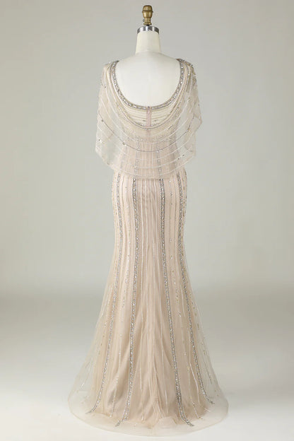 Sparkling champagne bead mermaid long wrap around ball dress
