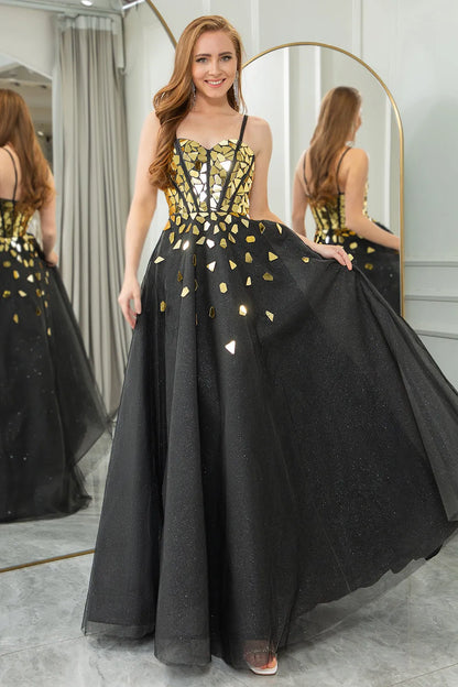 Sparkling black and gold A-line spaghetti strap with sequined ball dress
