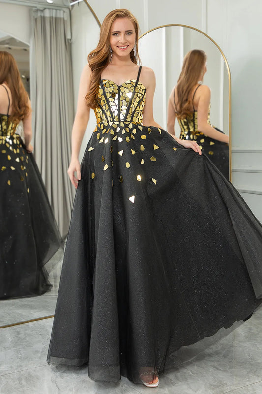 Sparkling black and gold A-line spaghetti strap with sequined ball dress