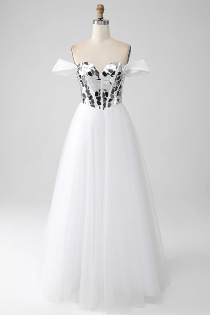 White A-line sexy off shoulder long Corset ball dressWhite A-line sexy off shoulder long Corset ball dress