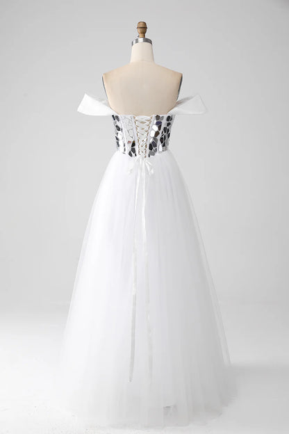 White A-line sexy off shoulder long Corset ball dressWhite A-line sexy off shoulder long Corset ball dress