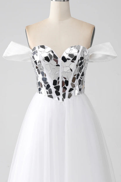 White A-line sexy off shoulder long Corset ball dressWhite A-line sexy off shoulder long Corset ball dress