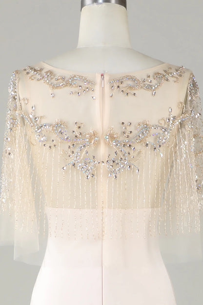 Sparkling and elegant champagne colored boat neck beaded mermaid long ball dress