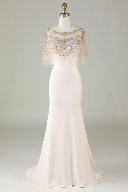 Sparkling and elegant champagne colored boat neck beaded mermaid long ball dress