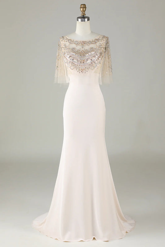 Sparkling and elegant champagne colored boat neck beaded mermaid long ball dress