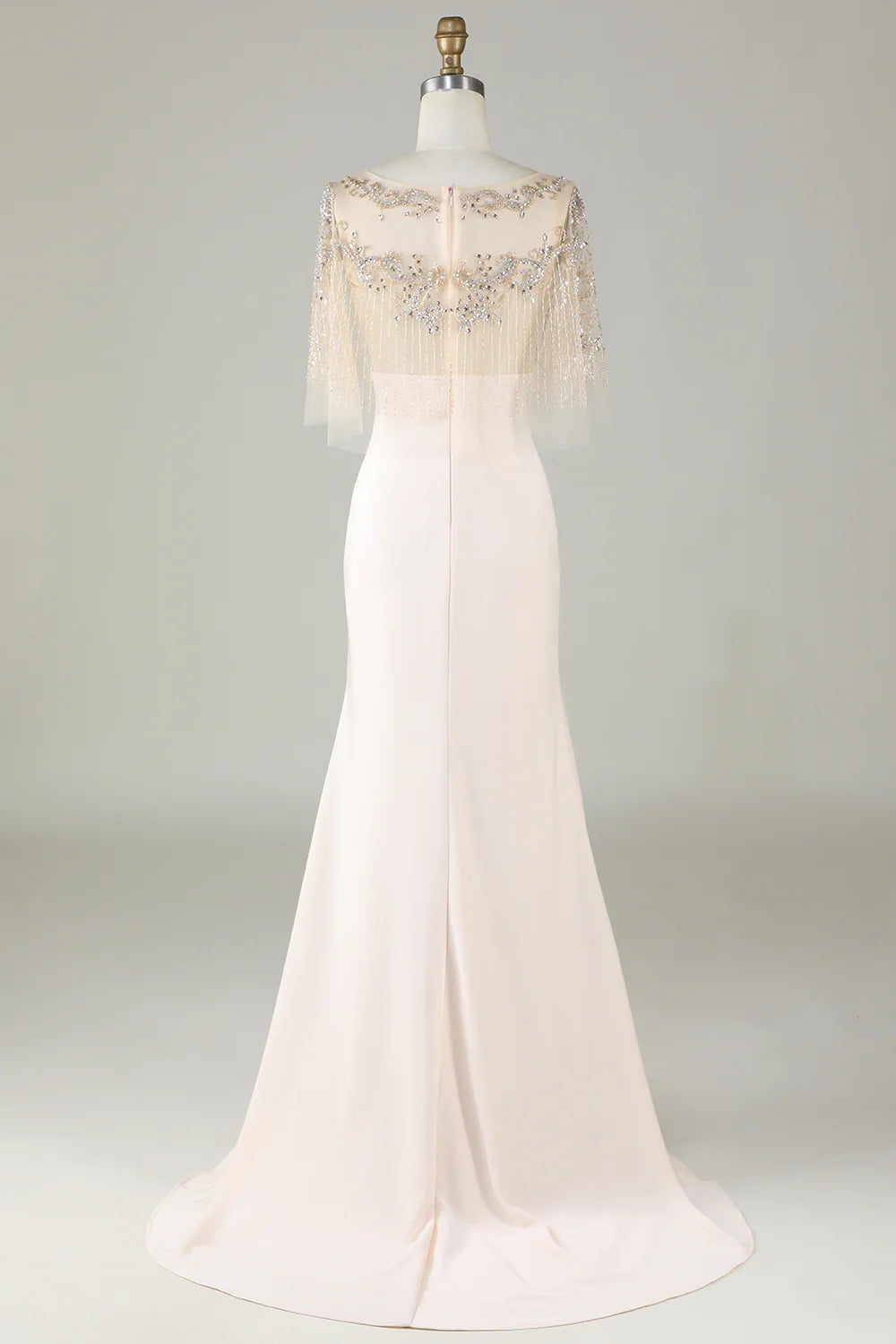 Sparkling and elegant champagne colored boat neck beaded mermaid long ball dress