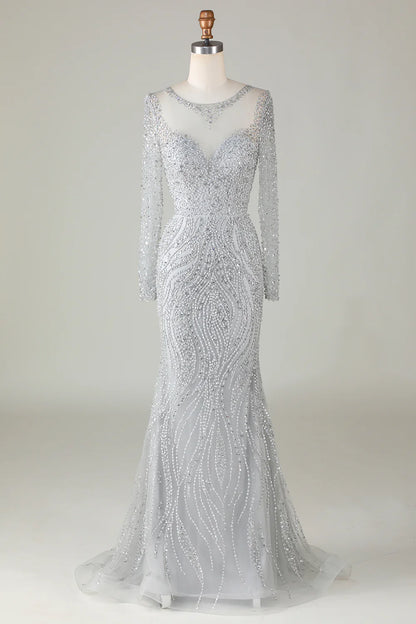 Gorgeous and sparkling gray beaded mermaid long ball dress