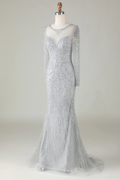 Gorgeous and sparkling gray beaded mermaid long ball dress