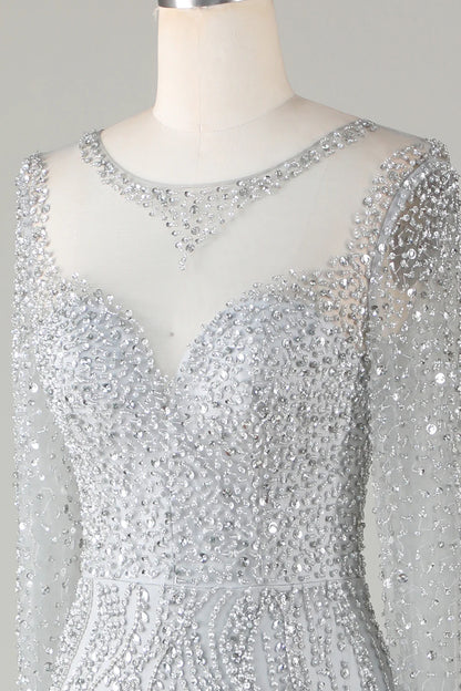 Gorgeous and sparkling gray beaded mermaid long ball dress