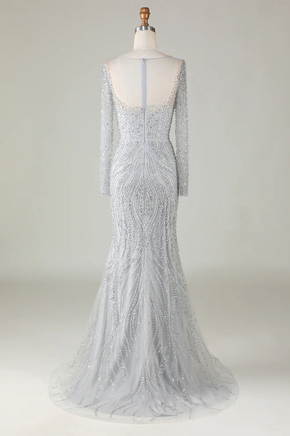 Elegant spaghetti strap satin gray slit bridesmaid dress