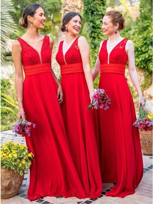 A-line Chiffon V-neck Open Back Lace Bridesmaid Dress
