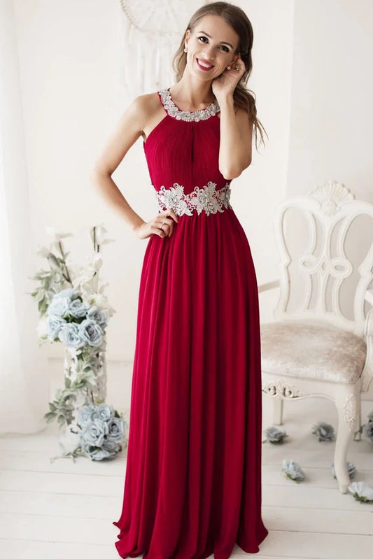 Red A-line princess high necked chiffon dance dress with stickers