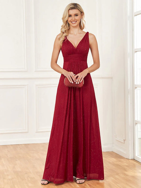 Red long V-neck sleeveless, simple and elegant formal ball dress