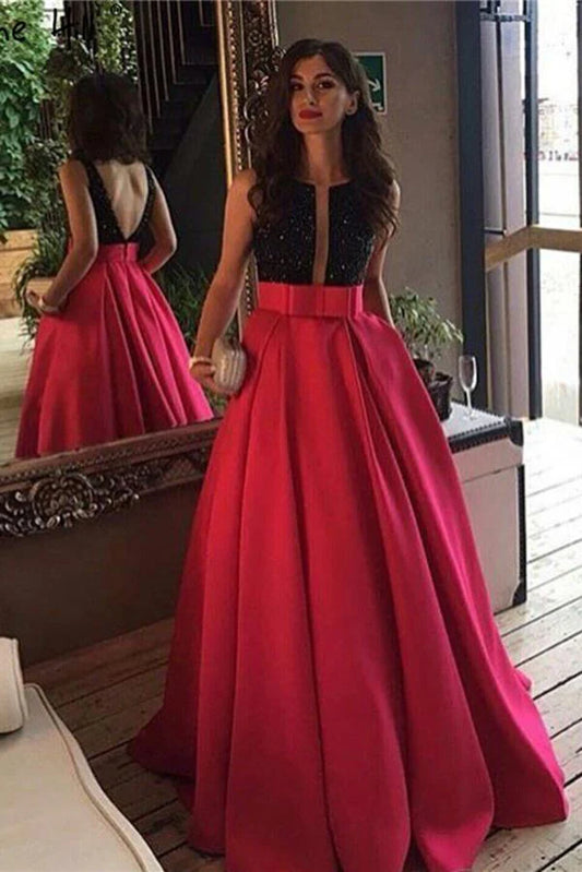 Red backless pearl bow tie pocket round neck sleeveless dress