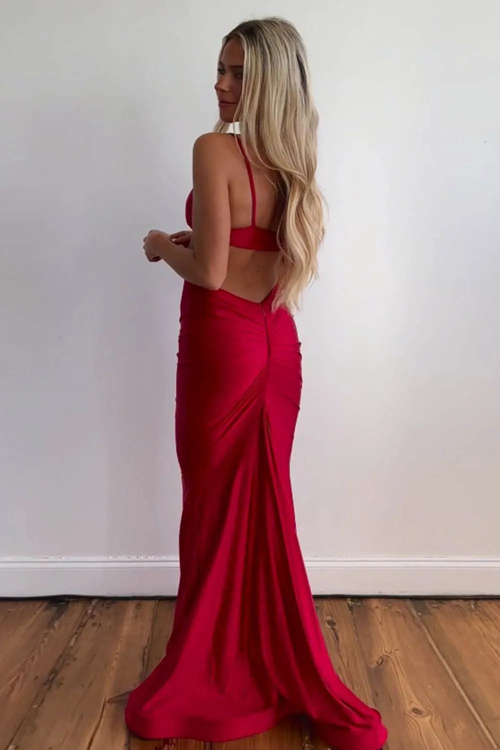Sexy slim fit red spaghetti strap with exposed waist  long mermaid satin ball dress