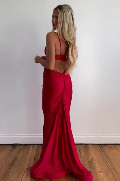 Sexy slim fit red spaghetti strap with exposed waist  long mermaid satin ball dress