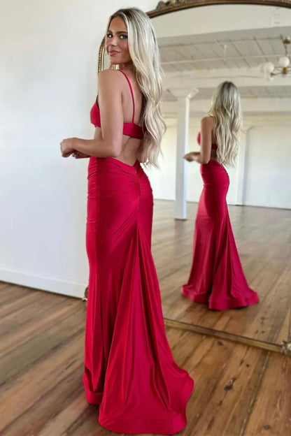 Sexy slim fit red spaghetti strap with exposed waist  long mermaid satin ball dress
