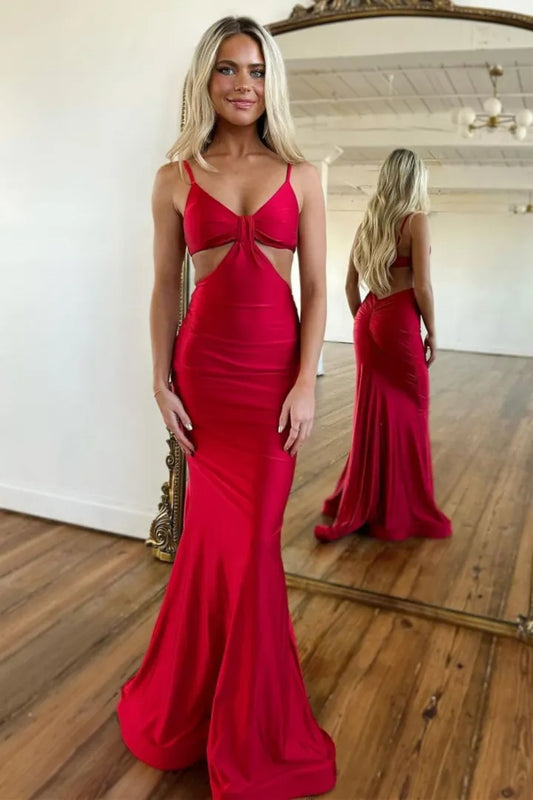 Sexy slim fit red spaghetti strap with exposed waist  long mermaid satin ball dress