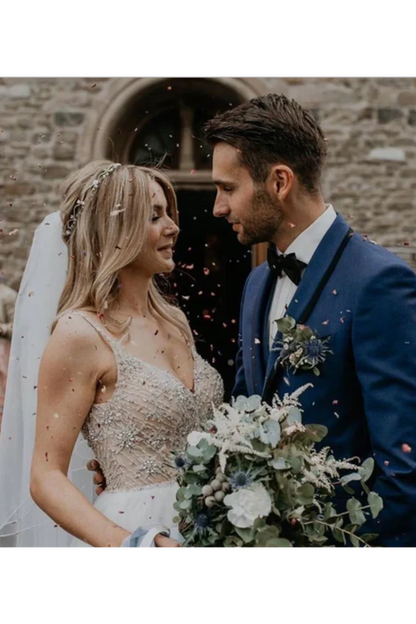 Diamond shoulder strap with full pearl embellishment neckline wedding dress paired with sequin sheer wedding dress