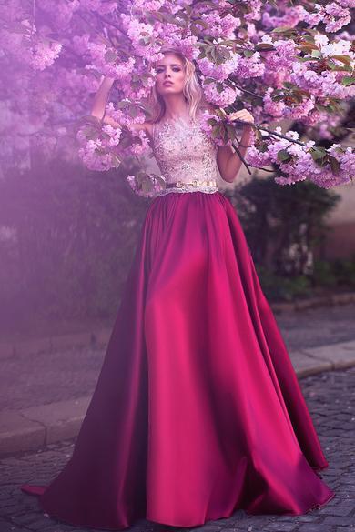 A-line Jewelry Rose Red Satin Round Neck Ball Dress with Lace Lace Lace