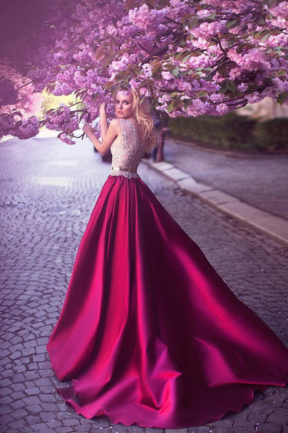 A-line Jewelry Rose Red Satin Round Neck Ball Dress with Lace Lace Lace