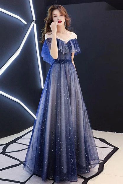 Romantic sheer lace up ball dress with blue floor ruffle edge evening dress