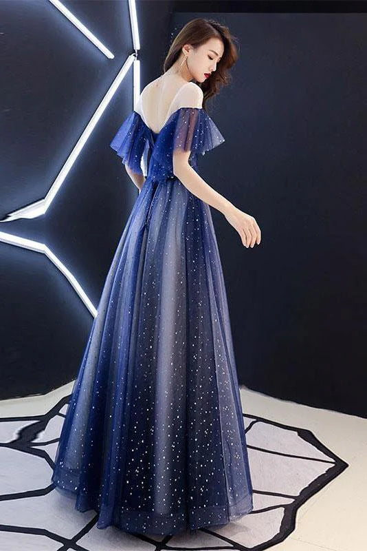 Romantic sheer lace up ball dress with blue floor ruffle edge evening dress