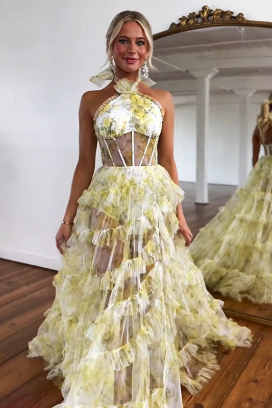 Romantic sexy sweet yellow A-line high necked sheer ball dress