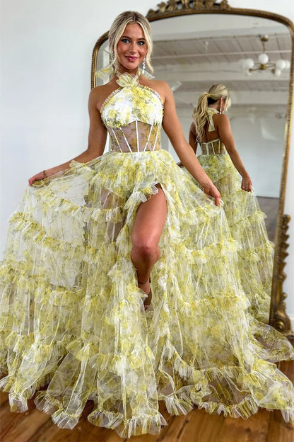 Romantic sexy sweet yellow A-line high necked sheer ball dress