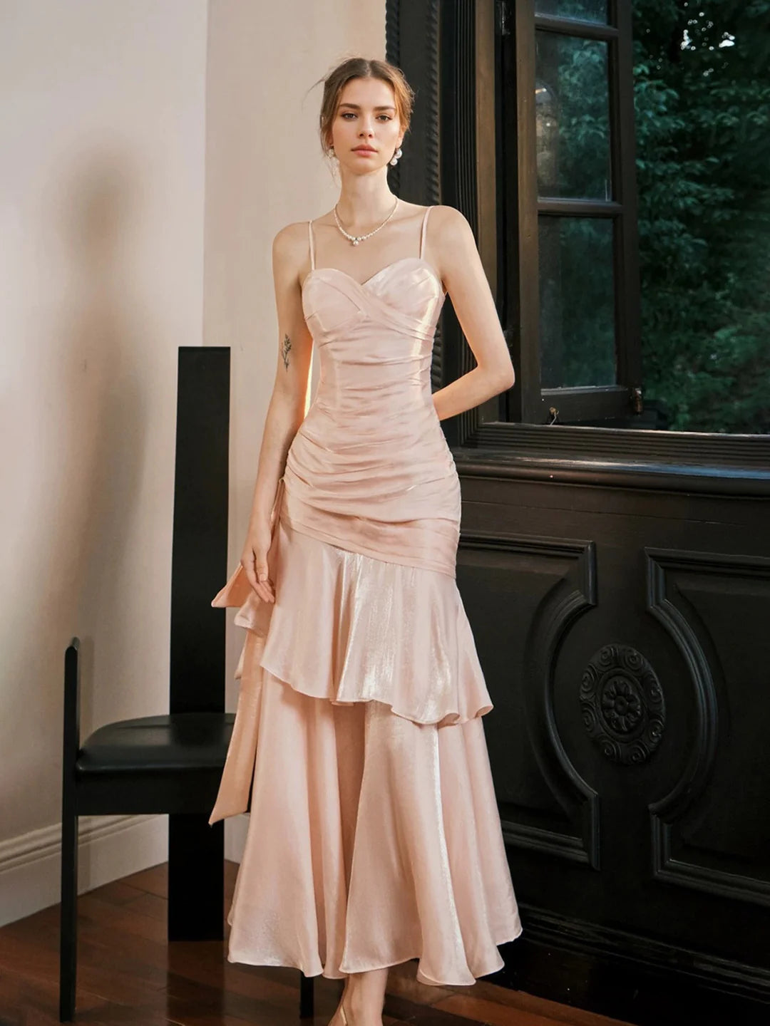 Romantic Blush Sweetheart Neck Spaghetti Strap Ruched Bodice Tiered Ruffle Mermaid Tea-Length Prom Dresses